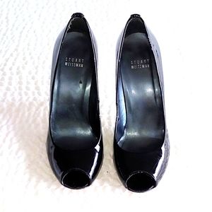 Stewart Weitzman Black Patent Leather Peep-Toe Heels